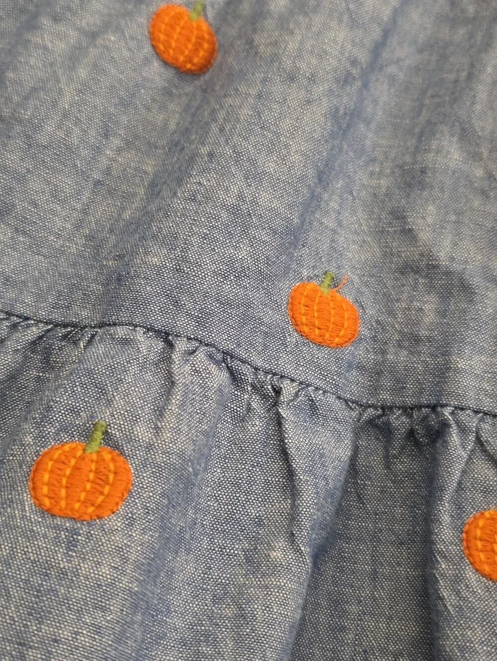 Gymboree Girls Blue Chambray Pumpkin-Embroidered Pinafore Overalls Jumper Dress